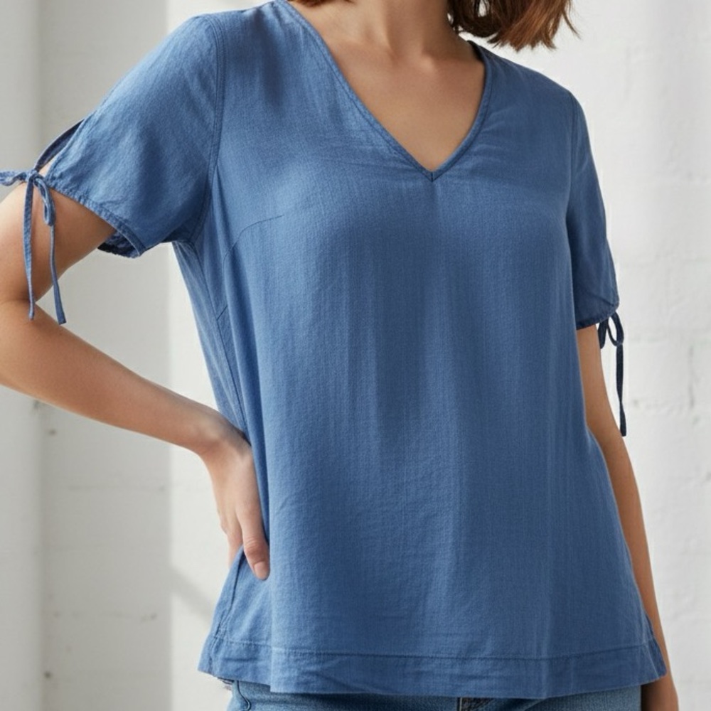 Boho Madewell‎ Blue Cotton Chambray Tie-Sleeve V-Neck Top Size M Medium